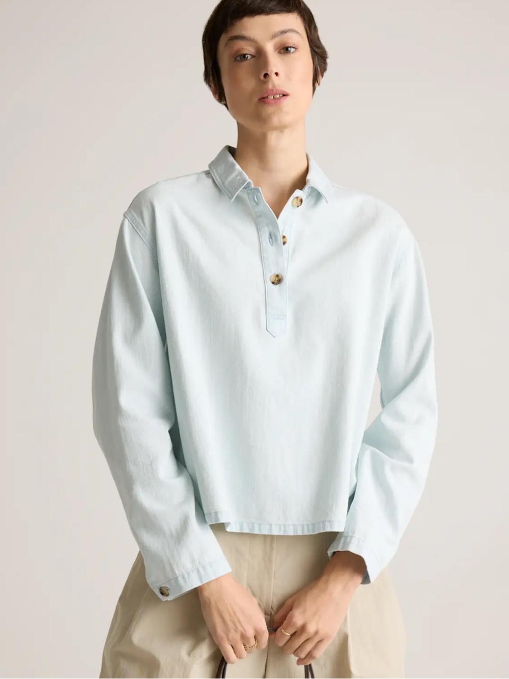 Quince Distressed Denim Popover Shirt Organic Cotton XL